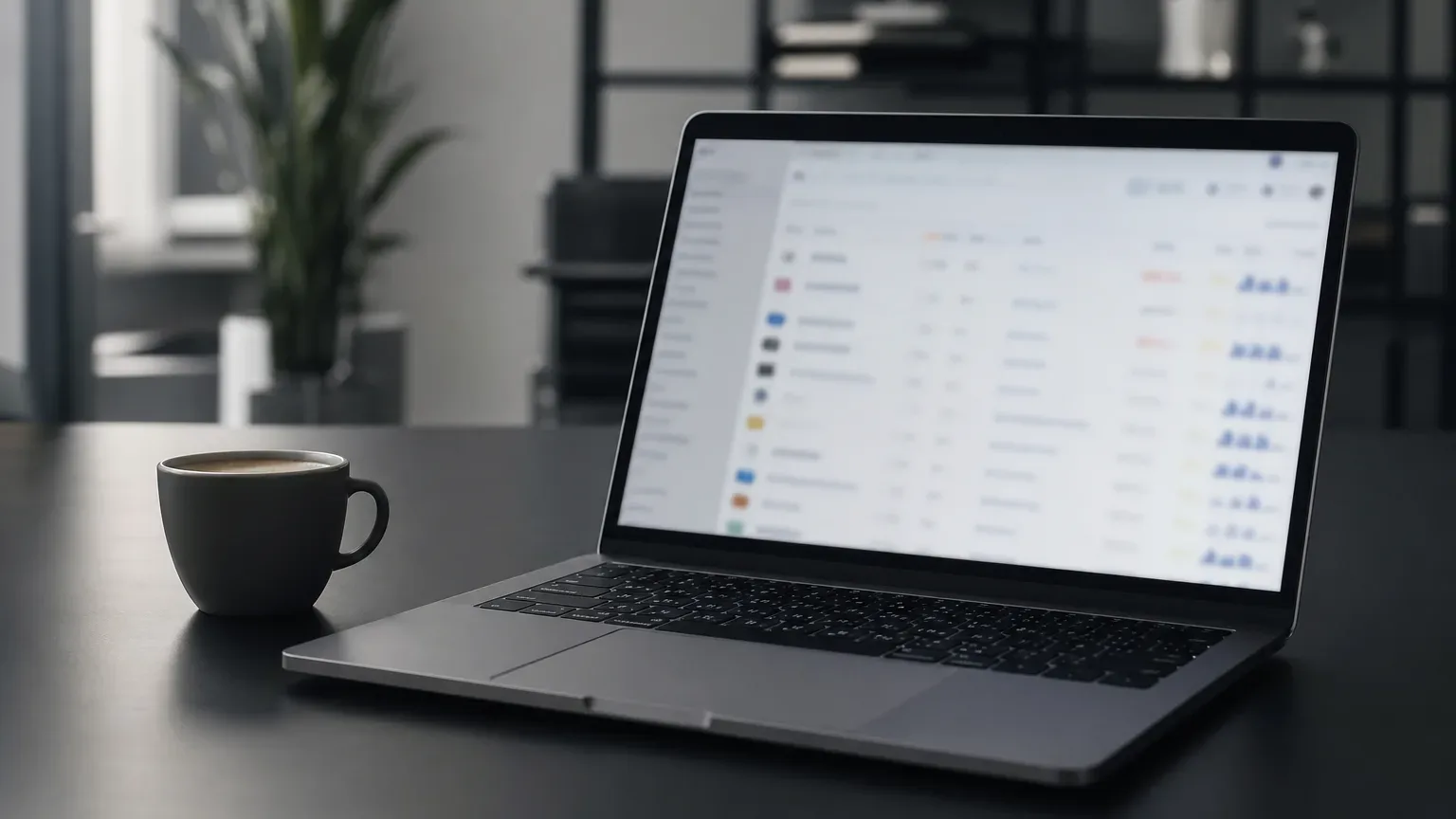 A laptop on a dark desk displays a blurred spreadsheet-style interface, with a grey coffee cup alongside