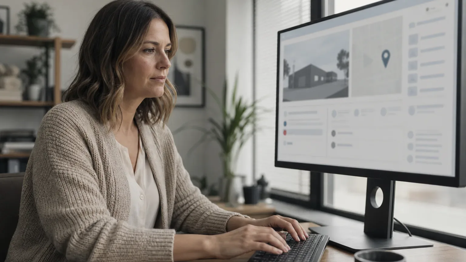 A person in a knitted cardigan types at a keyboard while looking at a desktop monitor displaying a local business listing with abstract interface elements