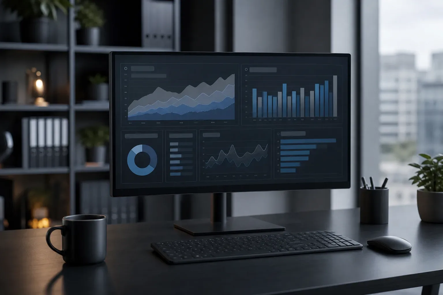 A desktop monitor on a dark office desk displays a data analytics dashboard with area charts, bar charts and a donut chart, with a coffee mug beside the keyboard