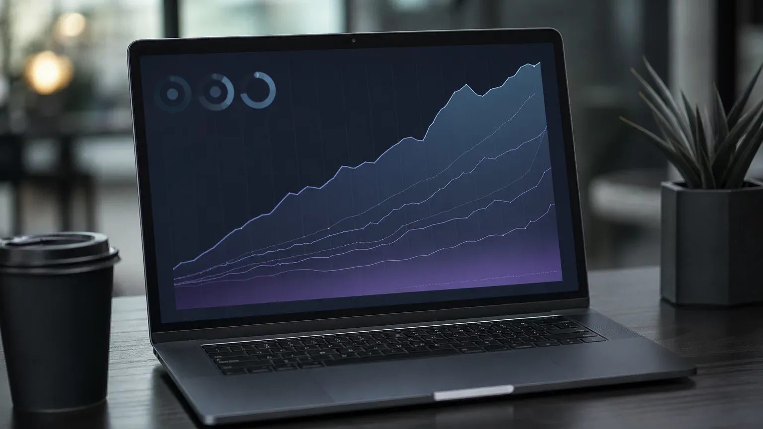 A laptop on a dark desk displays a multi-line climbing chart and circular gauge graphics, with a takeaway coffee cup to one side