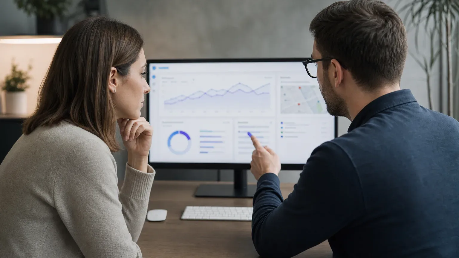 Two people sit at a desk studying a desktop monitor displaying an analytics dashboard with charts and graphs