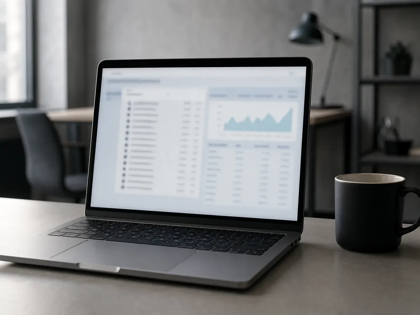 A laptop displaying a blurred data dashboard with a line chart sits on a desk beside a dark coffee mug, with an empty office visible behind