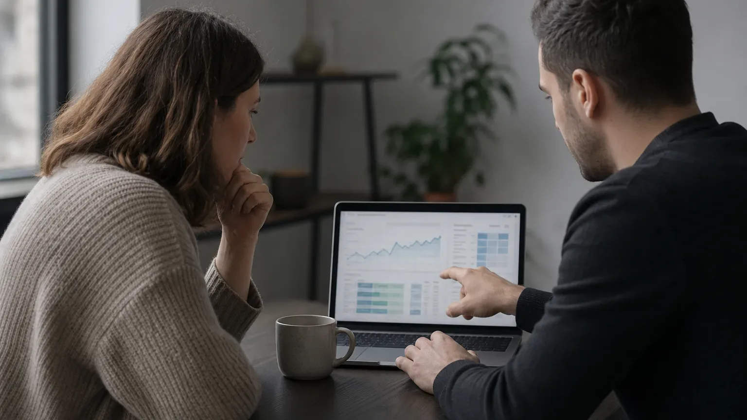 Two people sit at a dark desk reviewing a laptop screen displaying charts and data visualisations, with a mug beside the laptop