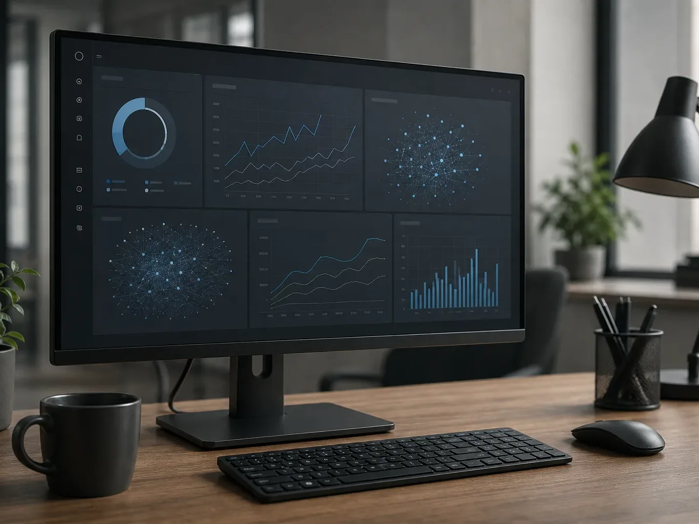 A desktop monitor on a wooden desk displays a dark analytics dashboard with charts and graphs, alongside a keyboard, mouse, coffee mug, desk lamp, and small plants