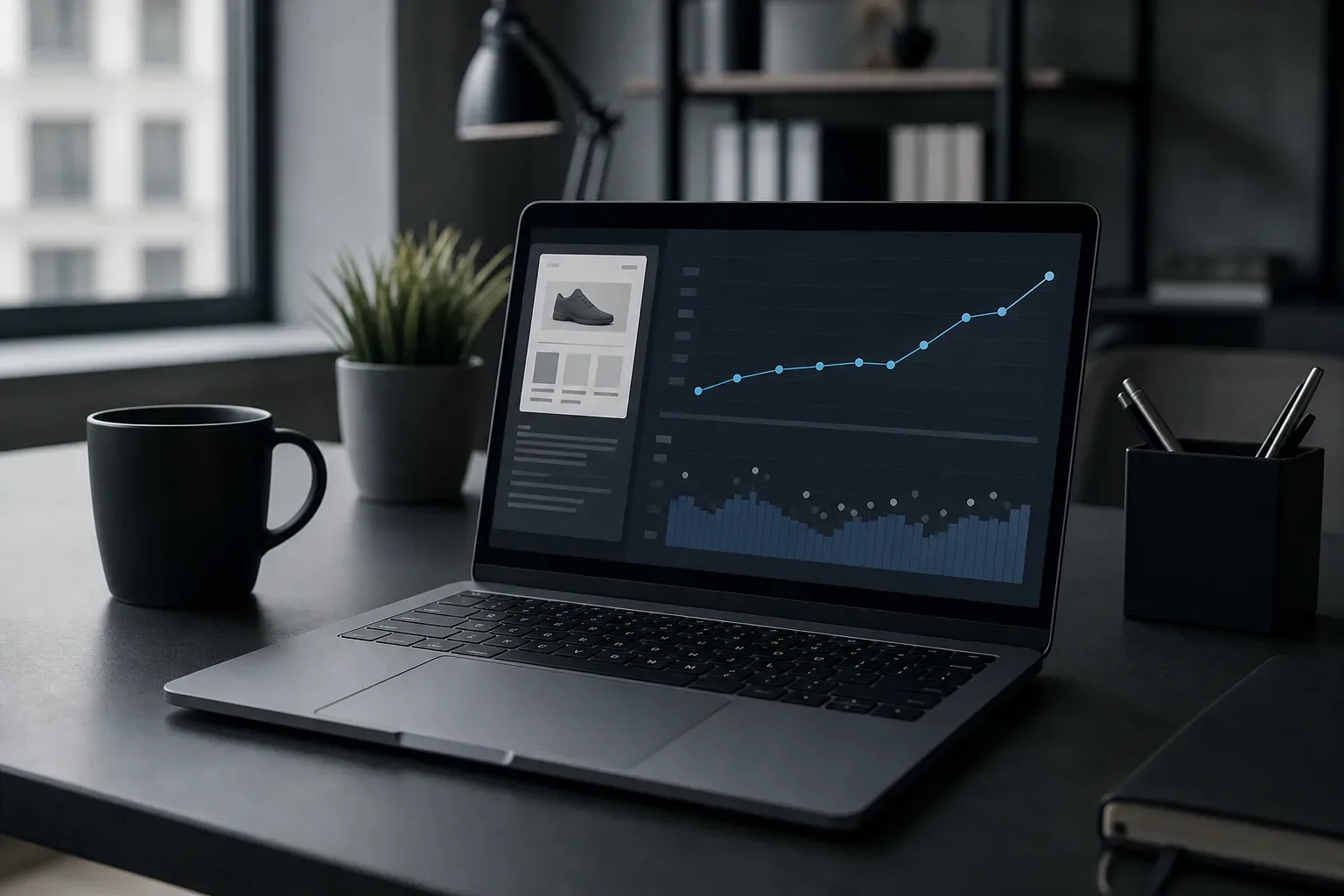 A laptop on a dark desk displays a climbing line graph alongside an abstract product-page layout, with a black coffee mug and pen holder to either side