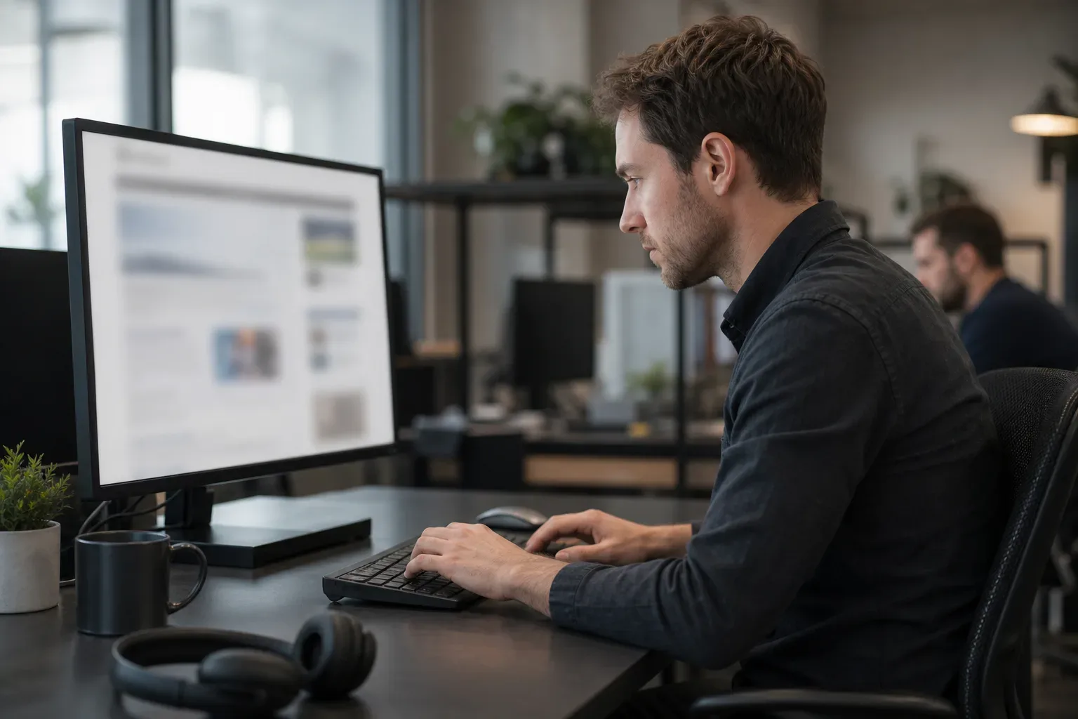 A person sits at an office desk, typing on a keyboard whilst looking at a large monitor displaying a blurred webpage, with headphones and a mug nearby