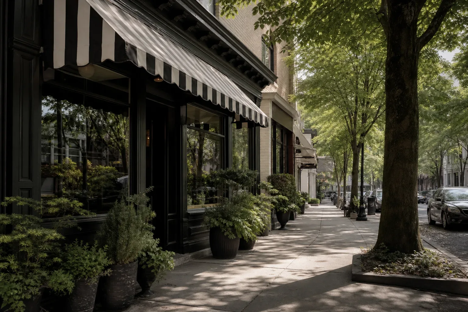 A shopfront with a black-and-white striped awning, large dark-framed windows, and potted plants lining a tree-shaded pavement
