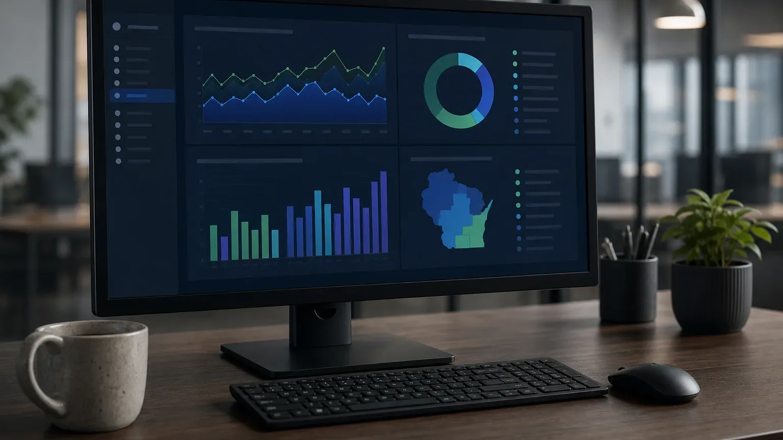 A desktop monitor on a dark office desk displays a data analytics dashboard with line charts, a bar chart, a donut chart and a regional map, alongside a keyboard, mouse and coffee mug