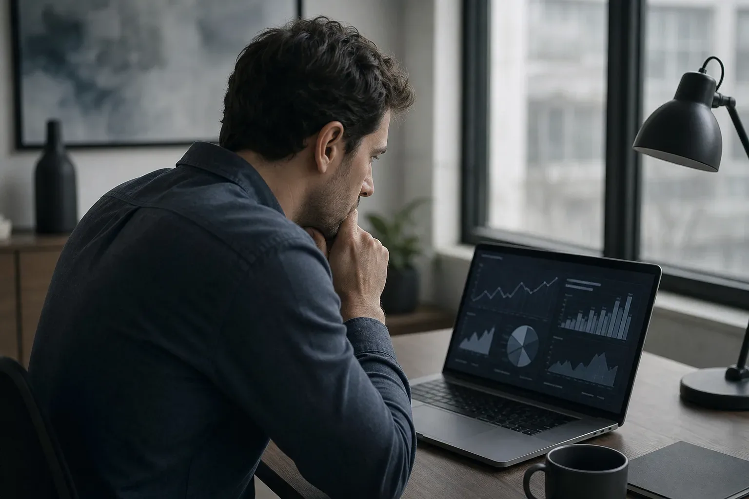 A person sits at a desk leaning forward with chin resting on hand, studying a laptop screen displaying multiple data charts and graphs