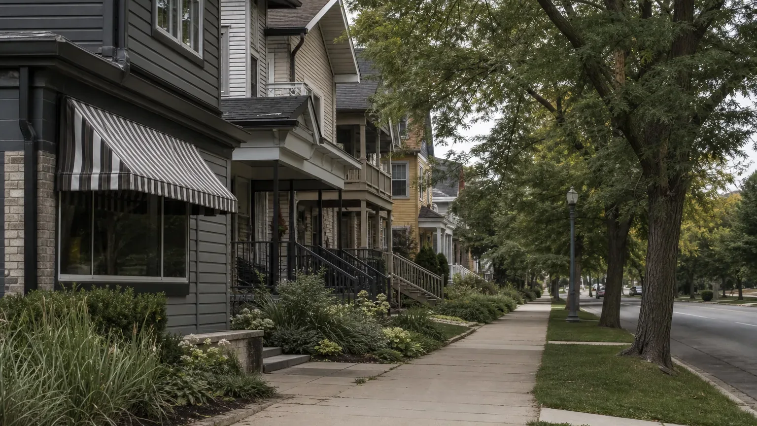 A tree-lined residential street with a row of two-storey wooden houses featuring front porches, steps, and a striped awning on the nearest building, with a concrete pavement and large mature trees