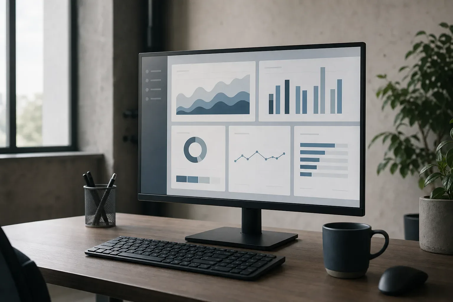 A desktop monitor on a wooden desk displays a data analytics dashboard with charts and graphs, beside a keyboard, coffee cup, and pen holder