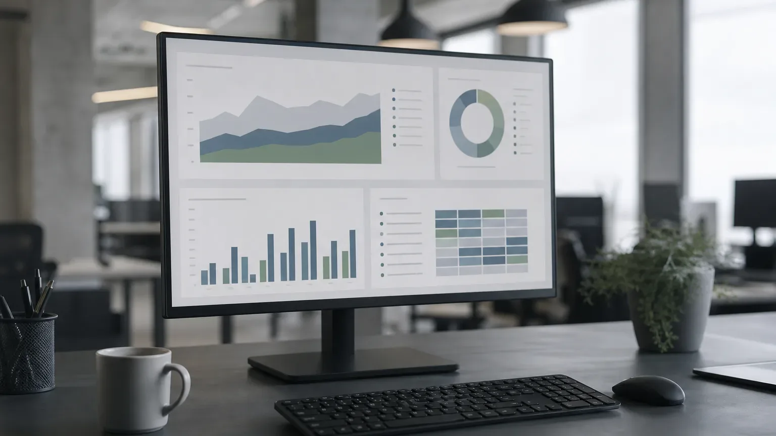 A desktop monitor on an office desk displays a data analytics dashboard with area charts, a bar chart, a doughnut chart and a data table, with a keyboard, mouse and coffee cup in the foreground