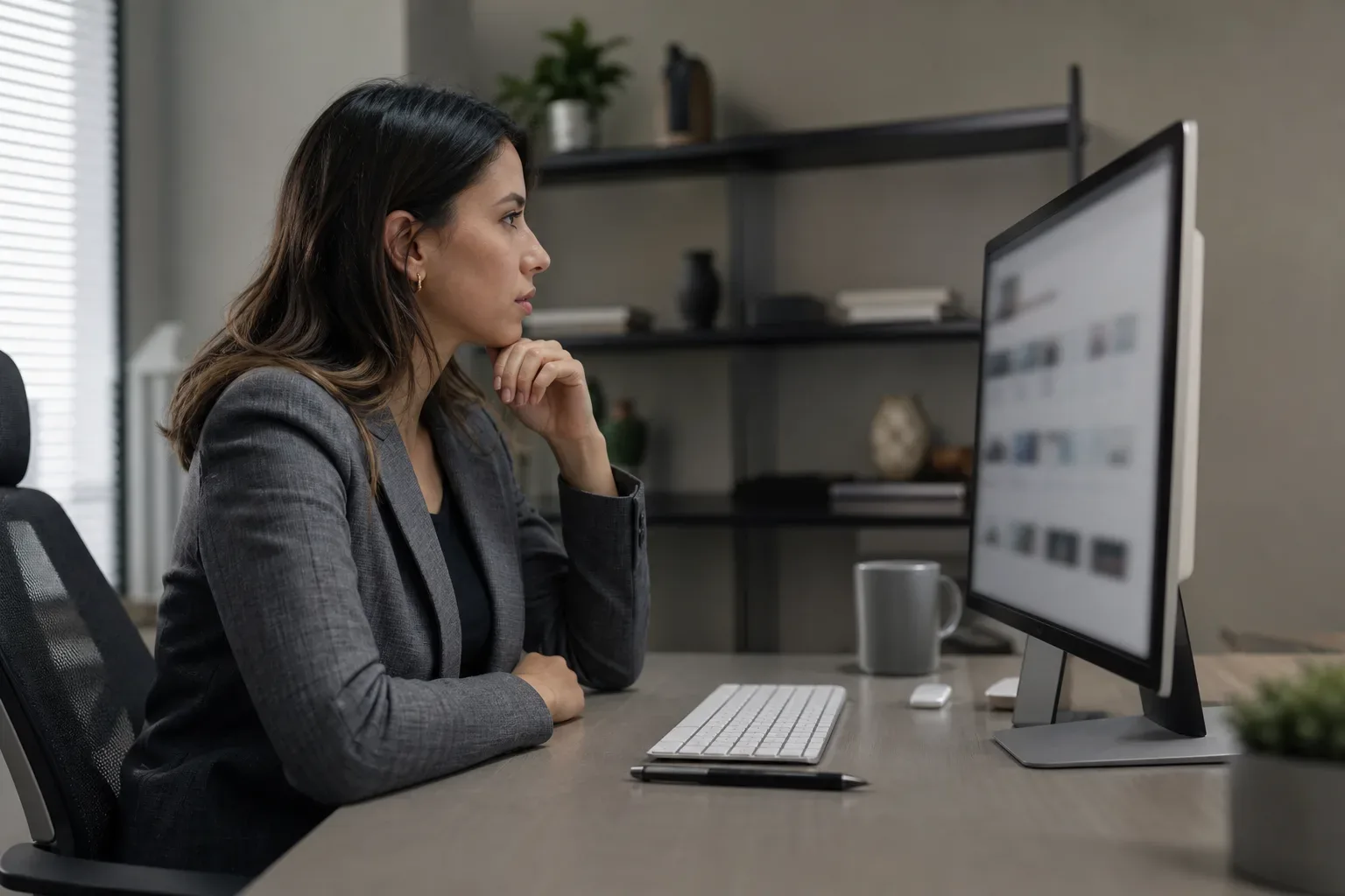 A person in a grey blazer sits at a desk studying a large desktop monitor, hand raised to chin in thought, with a keyboard and mug on the desk