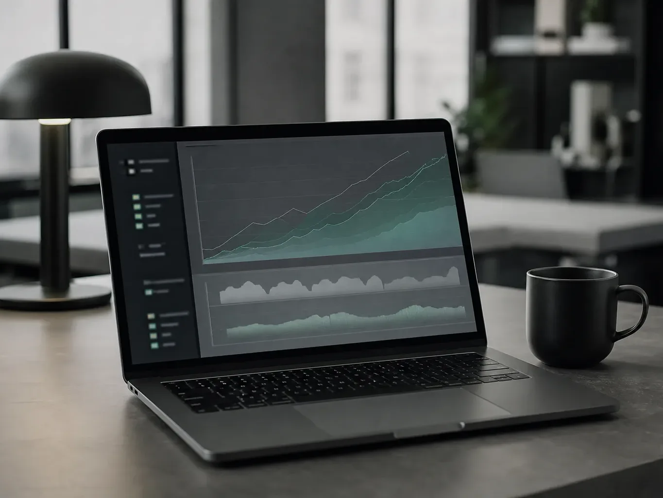 A laptop on a desk displays a climbing line chart on its dark-themed screen, with a black coffee mug to one side and a desk lamp in the background