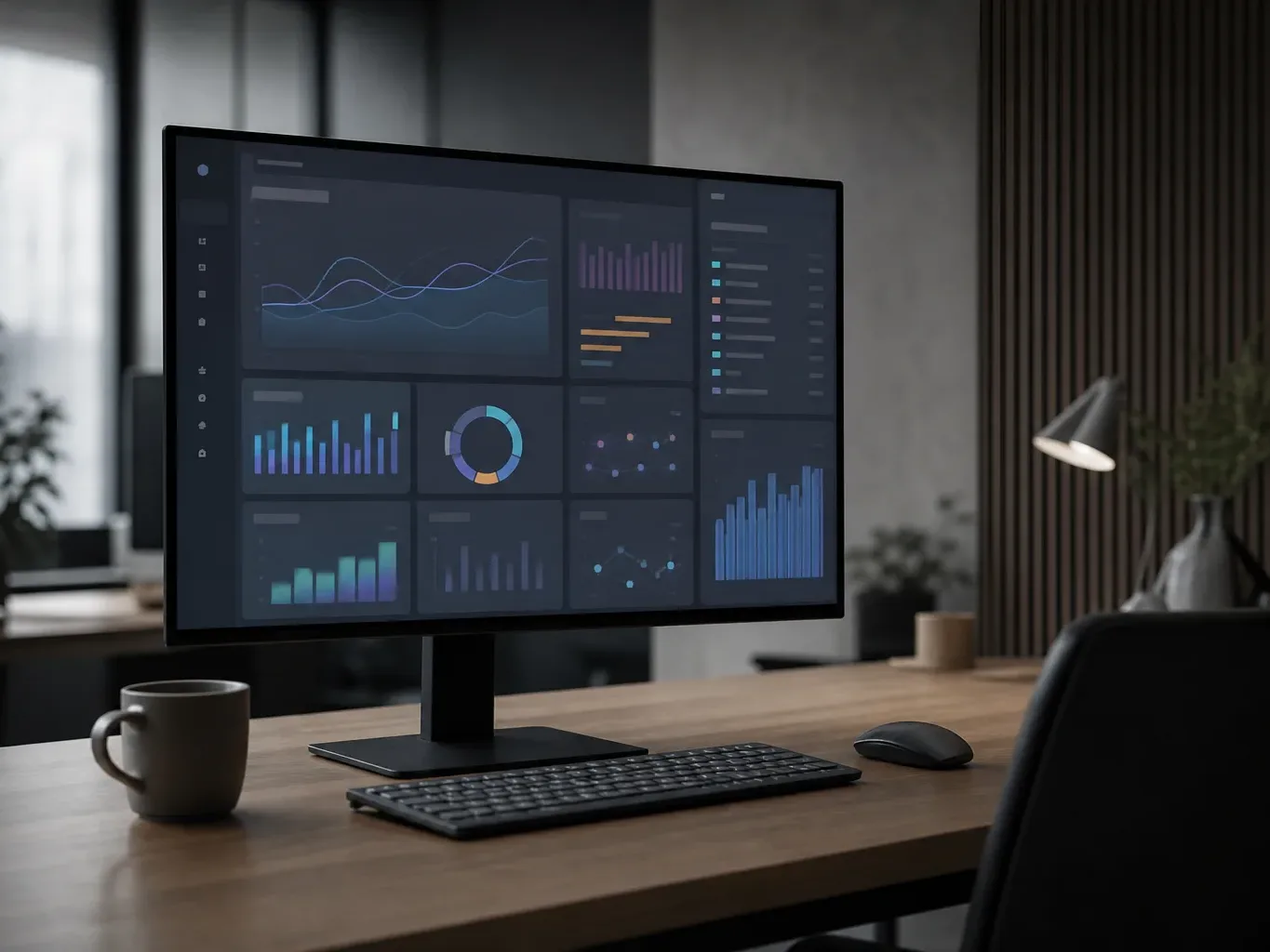 A desktop monitor on a wooden desk displays a colourful analytics dashboard with multiple charts and graphs, alongside a keyboard, mouse, and coffee mug