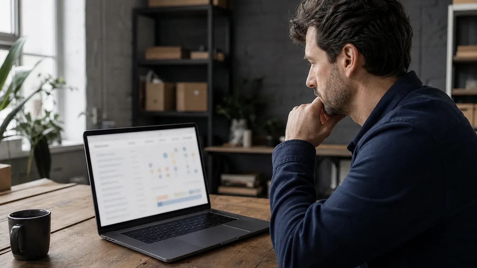 A person sits at a wooden desk, resting their chin on one hand whilst studying a laptop displaying a blurred interface, with a dark mug beside them