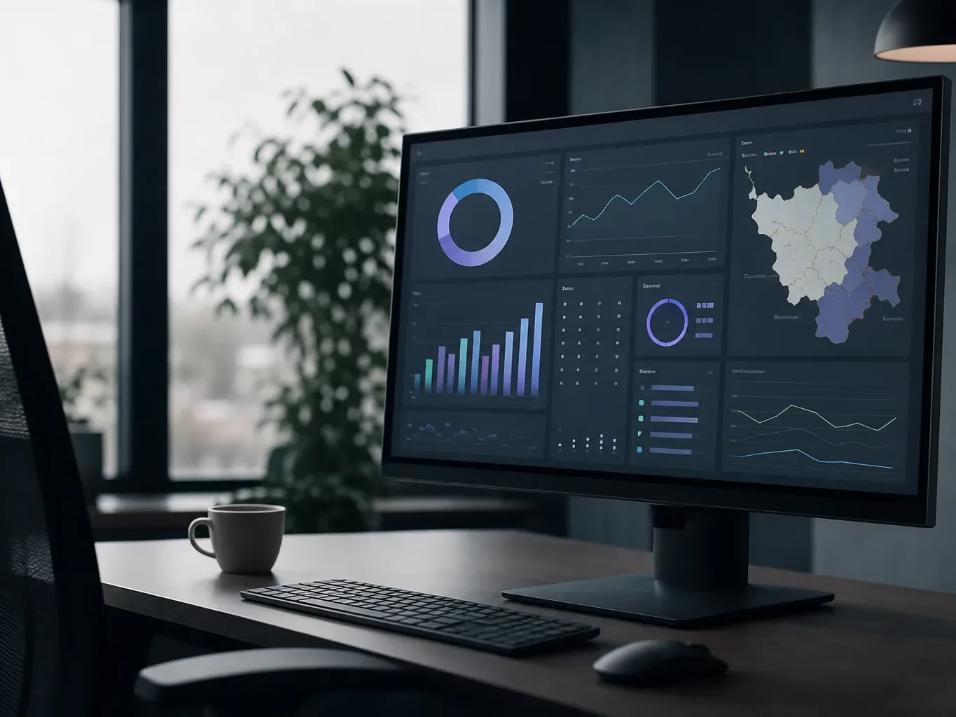 A desktop monitor on a dark desk displays a data analytics dashboard with charts, graphs and a map, beside a coffee cup and keyboard, nobody in frame