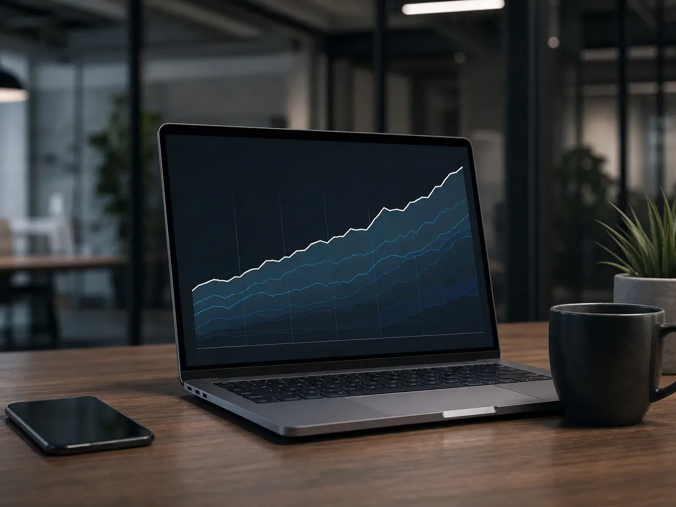 A laptop on a wooden desk displays a climbing line chart, with a dark mug and a potted plant to one side and a smartphone in front