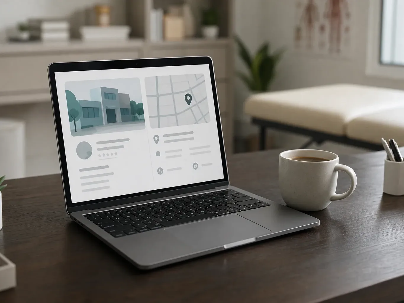 A laptop on a dark wooden desk displays an abstract local business listing with a map, beside a white coffee mug, in a consulting room