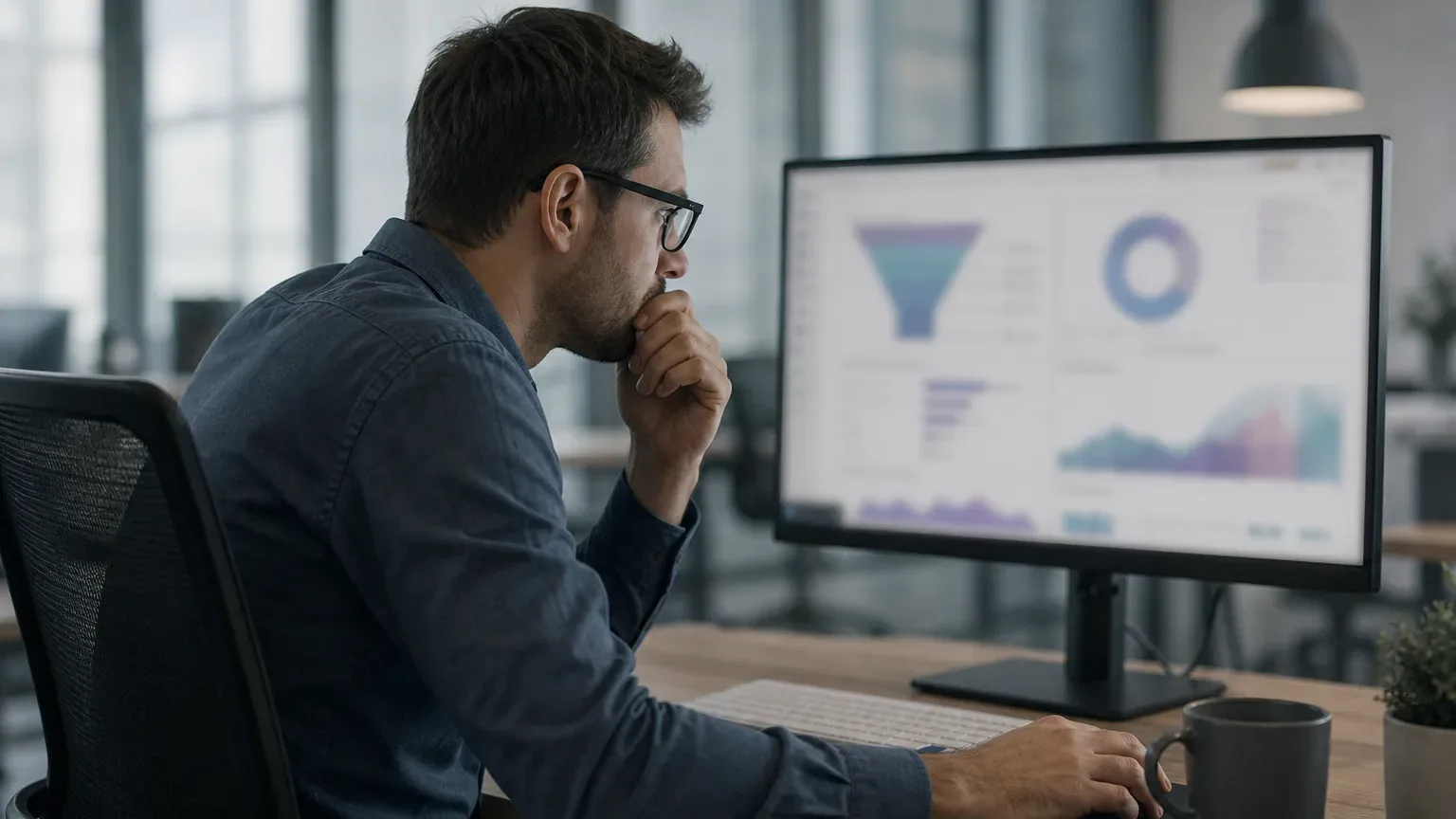 A person wearing glasses sits at a desk in an open-plan office, leaning forward and studying a large monitor displaying colourful analytics charts and graphs, with a mug and keyboard on the desk