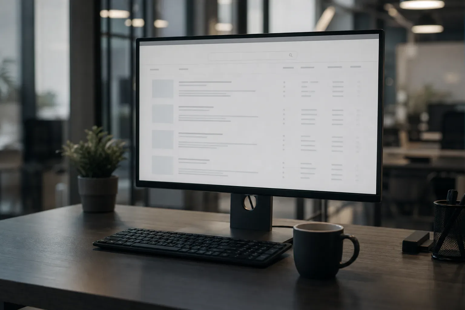 A desktop monitor displaying a blurred search results page sits on a dark wood desk beside a keyboard and a coffee mug, with a potted plant to the left and an open-plan office in the background