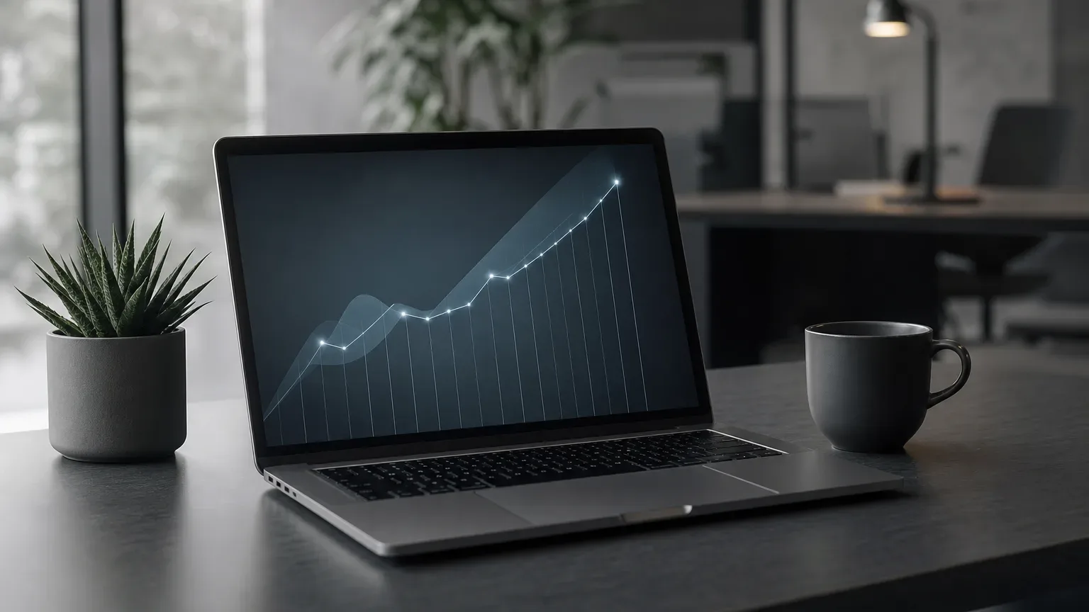 A laptop on a dark desk displays a glowing upward-trending line chart, with a small potted succulent to the left and a grey mug to the right, in a dimly lit office