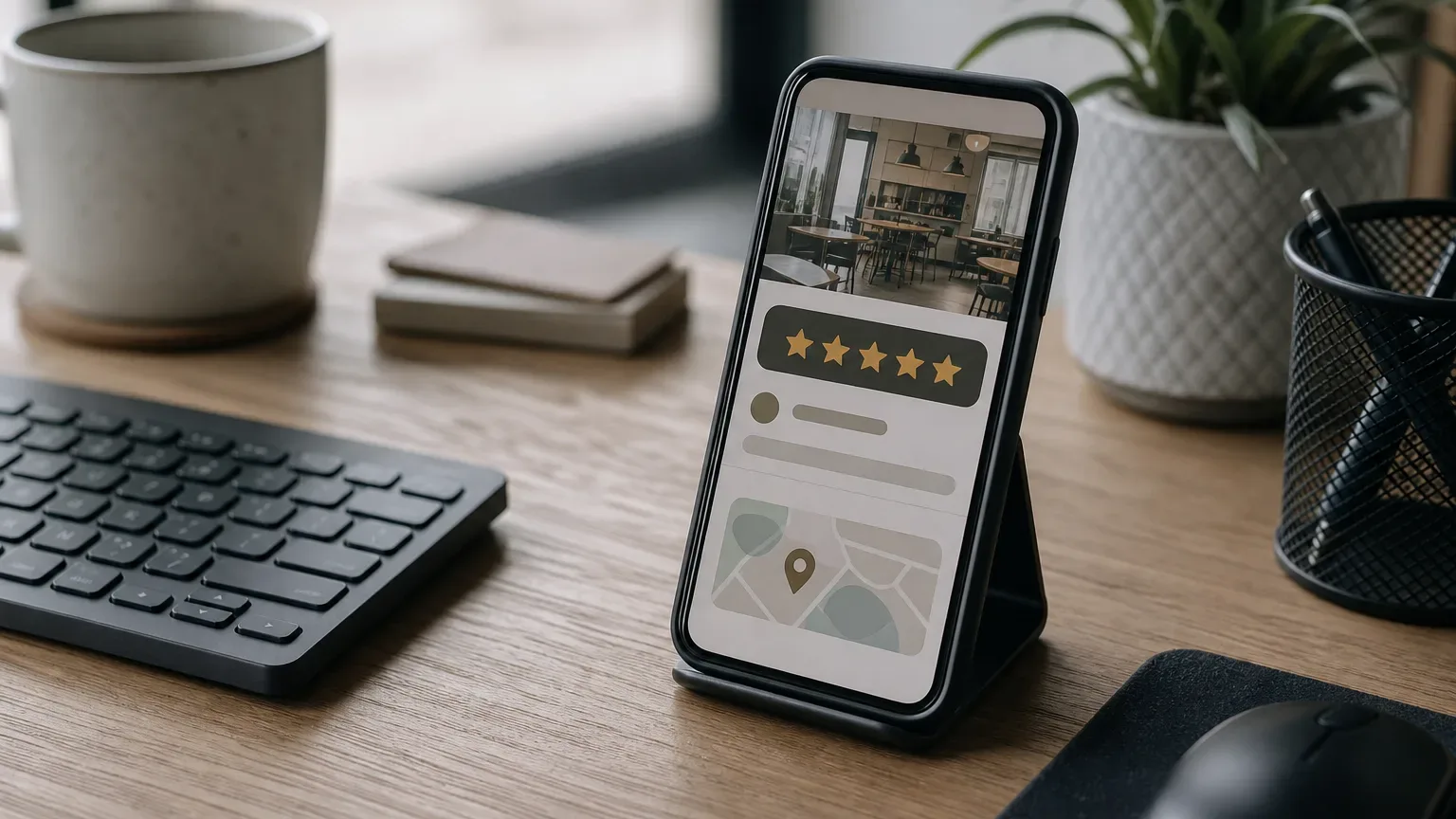 A phone propped on a stand displays a five-star rating panel and a map location pin, with a wireless keyboard, coffee mug, notepad, plant, and pen holder arranged on a wooden desk