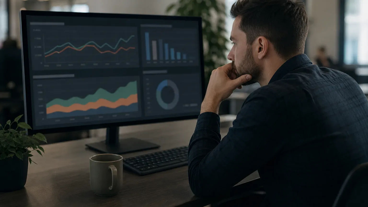 A person sits at an office desk, resting their chin on their hand, studying a large monitor displaying colourful analytics charts and a donut graph, with a mug and keyboard on the desk