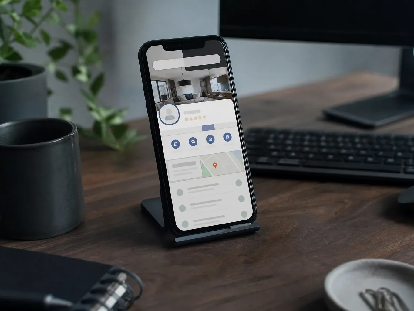 A smartphone in a vertical desk stand displays a local business listing app with a map pin and abstract interface elements, beside a keyboard and coffee mug on a wooden desk