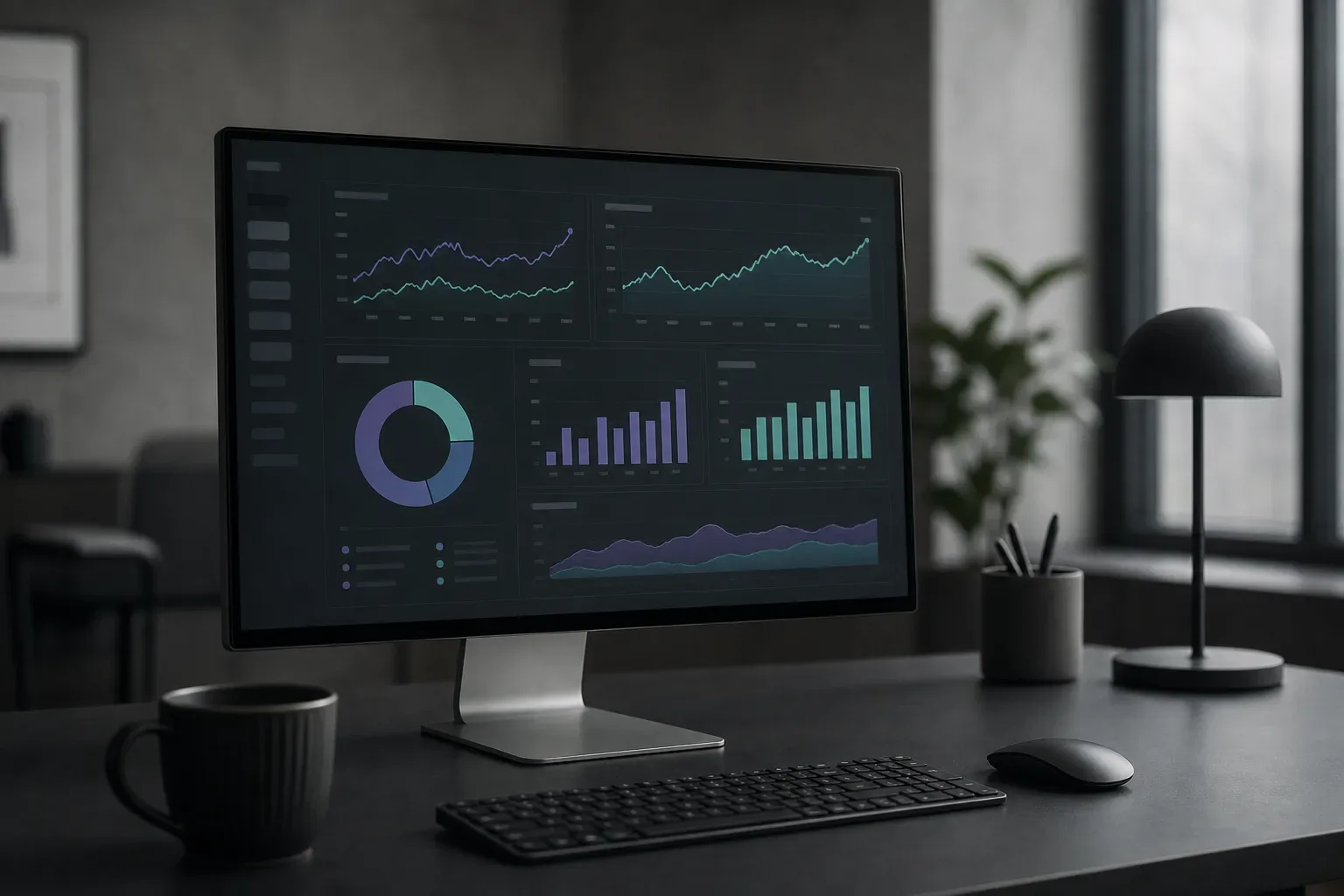 A desktop monitor on a dark desk displays a data analytics dashboard with line graphs, bar charts and a donut chart, alongside a keyboard, mouse and coffee mug