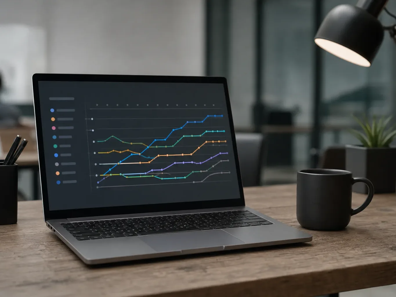 A laptop on a wooden desk displays a multi-line climbing chart on a dark screen, beside a black coffee mug, with a desk lamp and plant in the background
