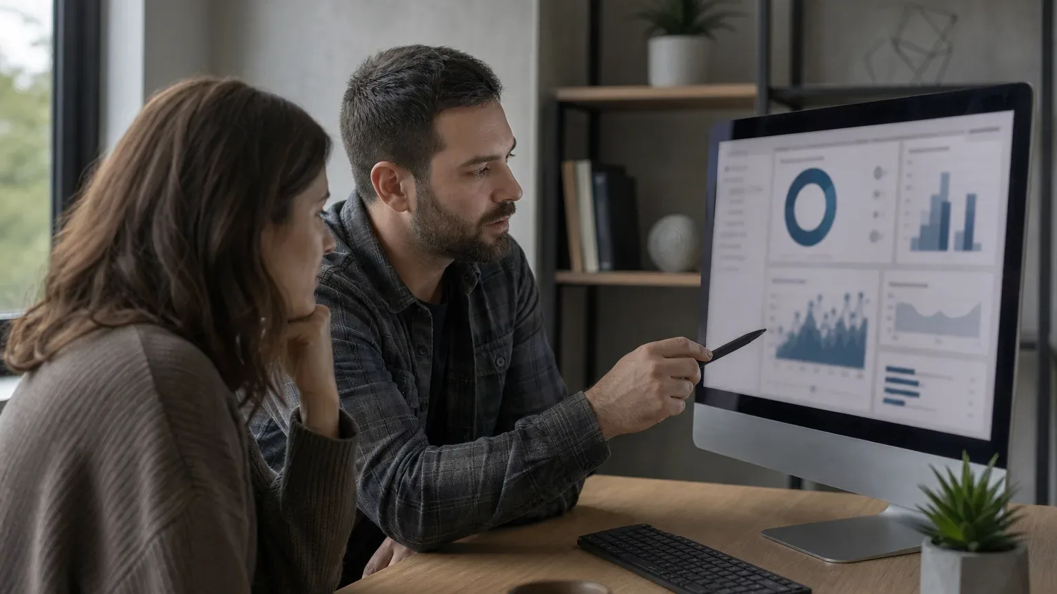 Two people sit side by side at a desk, one pointing a stylus at a desktop monitor displaying charts and graphs on a dashboard interface