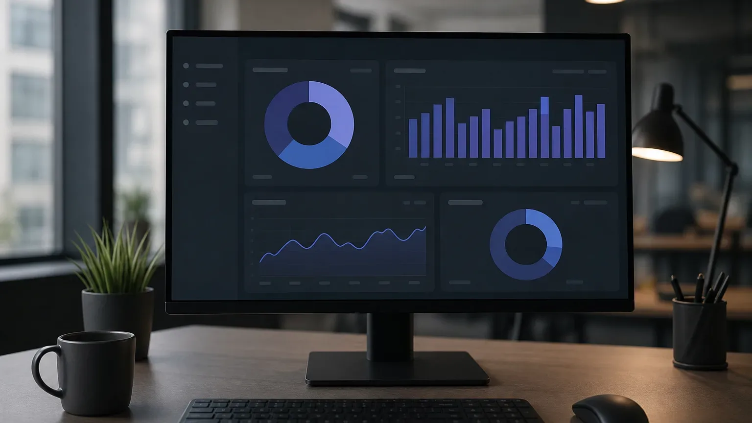 A desktop monitor on a dark office desk displays a data analytics dashboard with bar charts, line graphs and doughnut charts, alongside a keyboard, mouse, coffee mug and plant