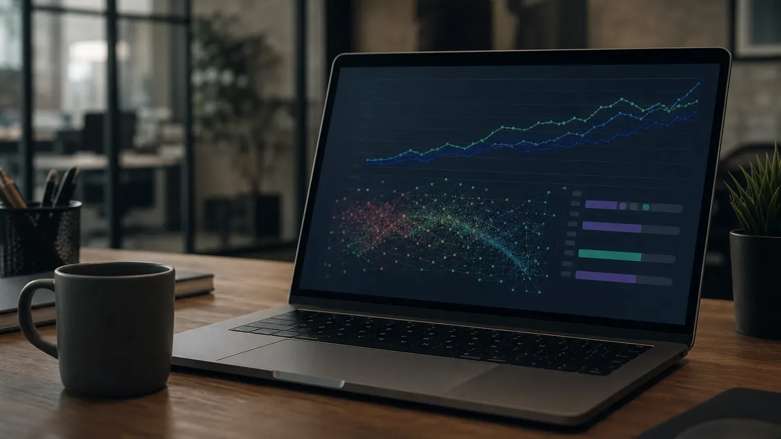 A laptop on a wooden desk displays colourful data charts on a dark screen, beside a grey mug, in an empty office