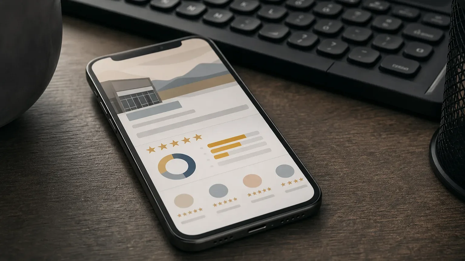 A smartphone lying on a wooden desk displays an illustrated business listing with star ratings and a donut chart, with a keyboard visible behind it