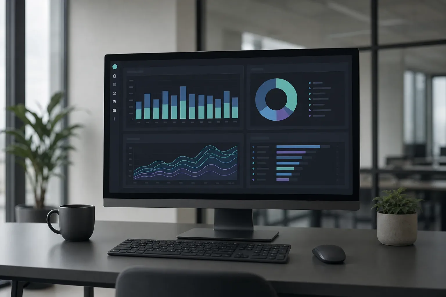 A desktop monitor on a dark office desk displays a data analytics dashboard with bar charts, a donut chart, a wave graph and a horizontal bar chart, beside a keyboard, mouse and coffee mug