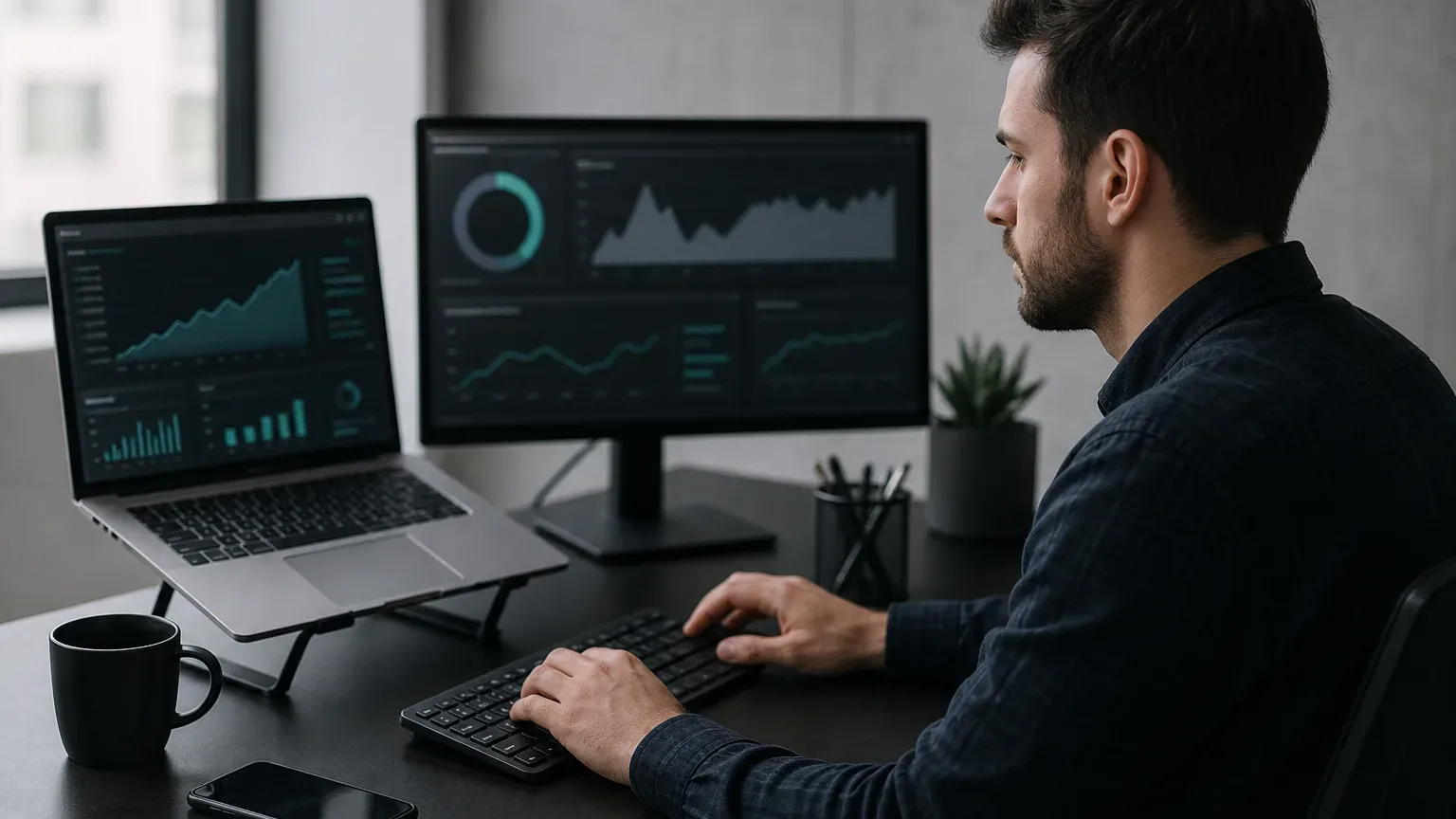 A person sits at a desk typing on a keyboard, with a laptop and external monitor both displaying dark-themed analytics dashboards with charts