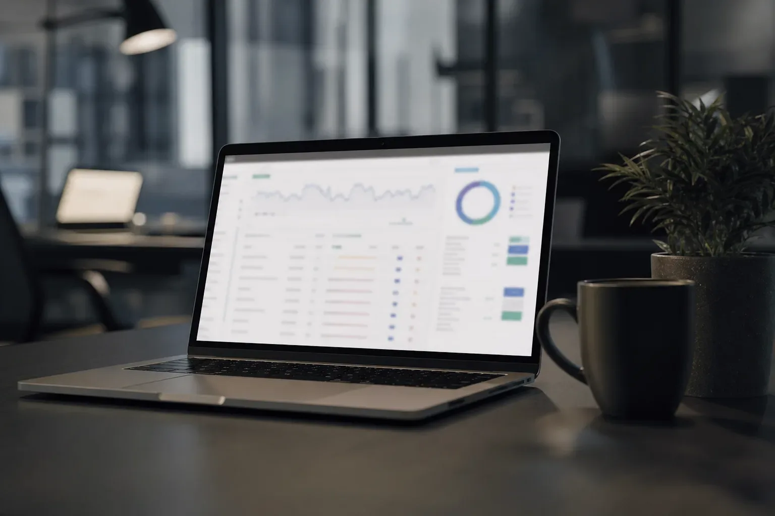 A laptop on a dark desk displays a data dashboard with charts and tables, beside a dark coffee mug and a potted plant, in an empty office
