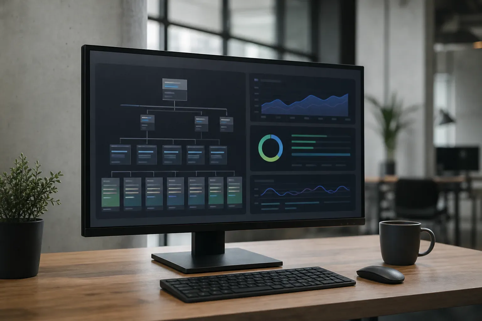 A desktop monitor on a wooden desk displays a dark-themed analytics dashboard with a hierarchical diagram and data charts, beside a keyboard, mouse, and coffee mug
