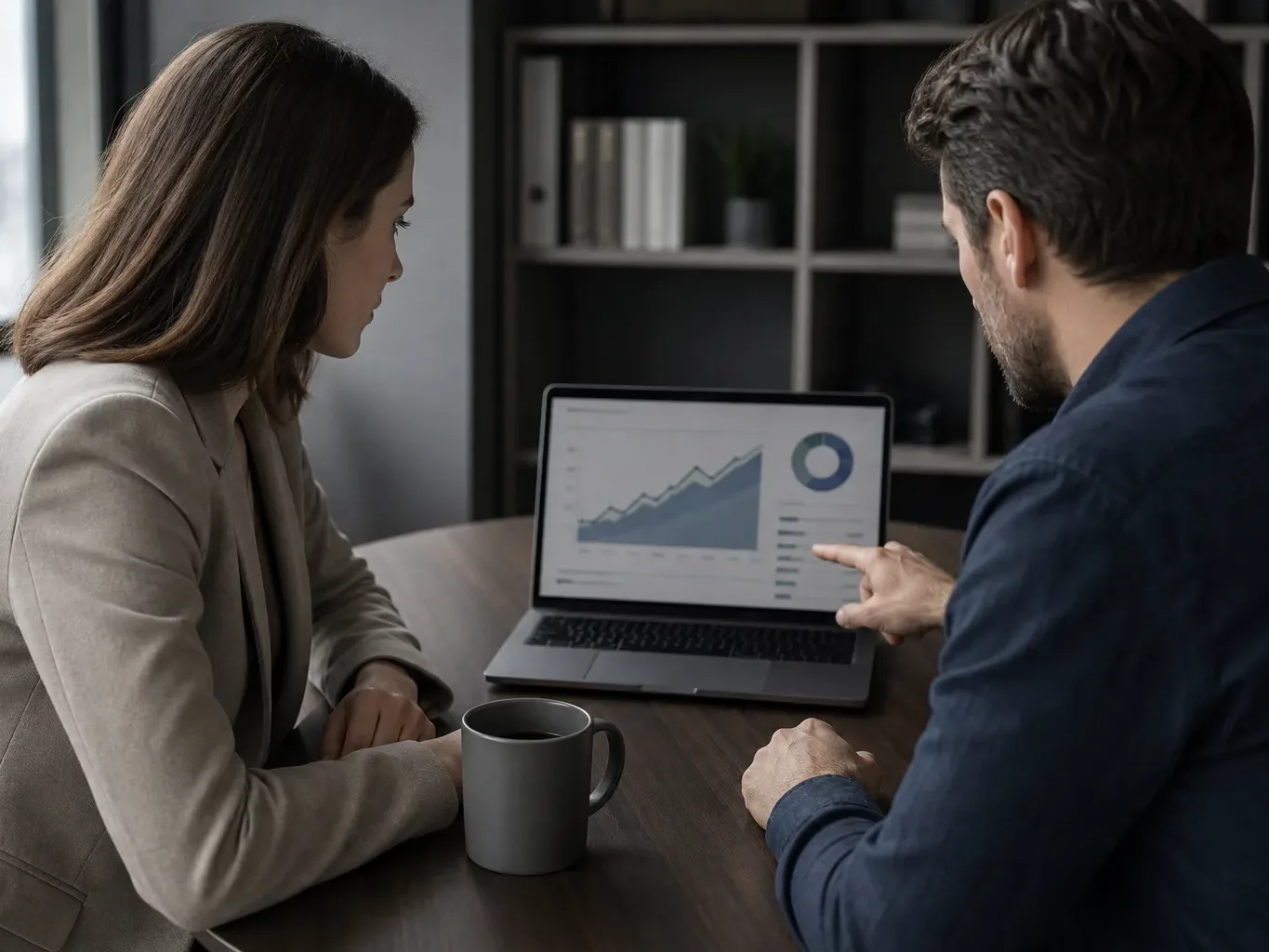 Two people sit at a desk reviewing a laptop screen displaying a climbing area chart and a donut chart, with a mug on the table and shelving in the background