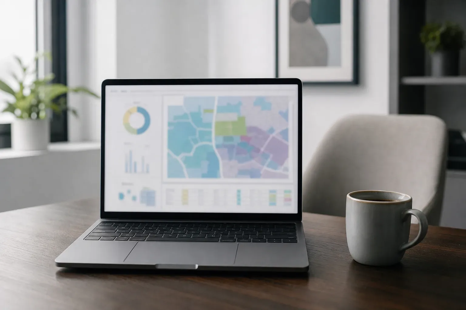 A laptop displaying a colourful map dashboard and charts sits open on a wooden desk beside a grey coffee mug, with a plant and framed artwork visible in the background