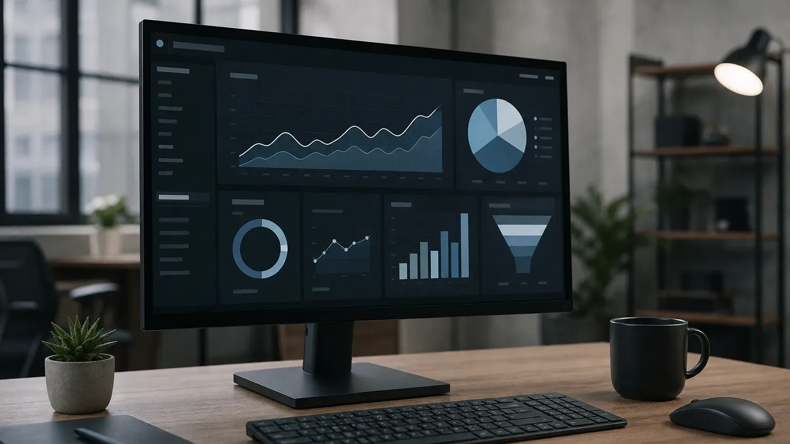 A desktop monitor on a wooden desk displays a data analytics dashboard with line graphs, pie charts, bar charts and a funnel graphic, beside a keyboard, mouse and coffee mug