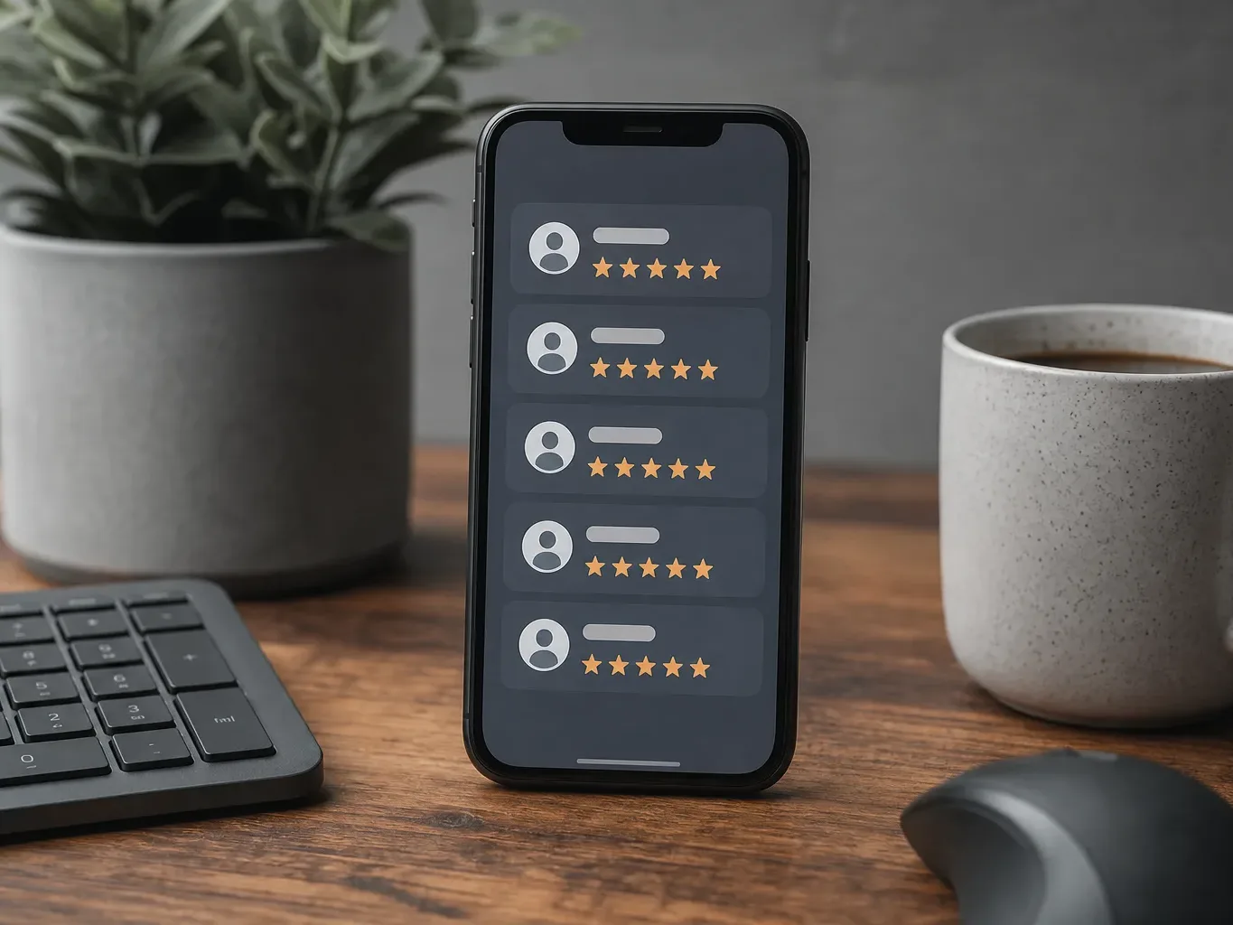 A smartphone propped on a wooden desk displays a review interface with five star ratings, beside a keyboard, coffee cup, and houseplant