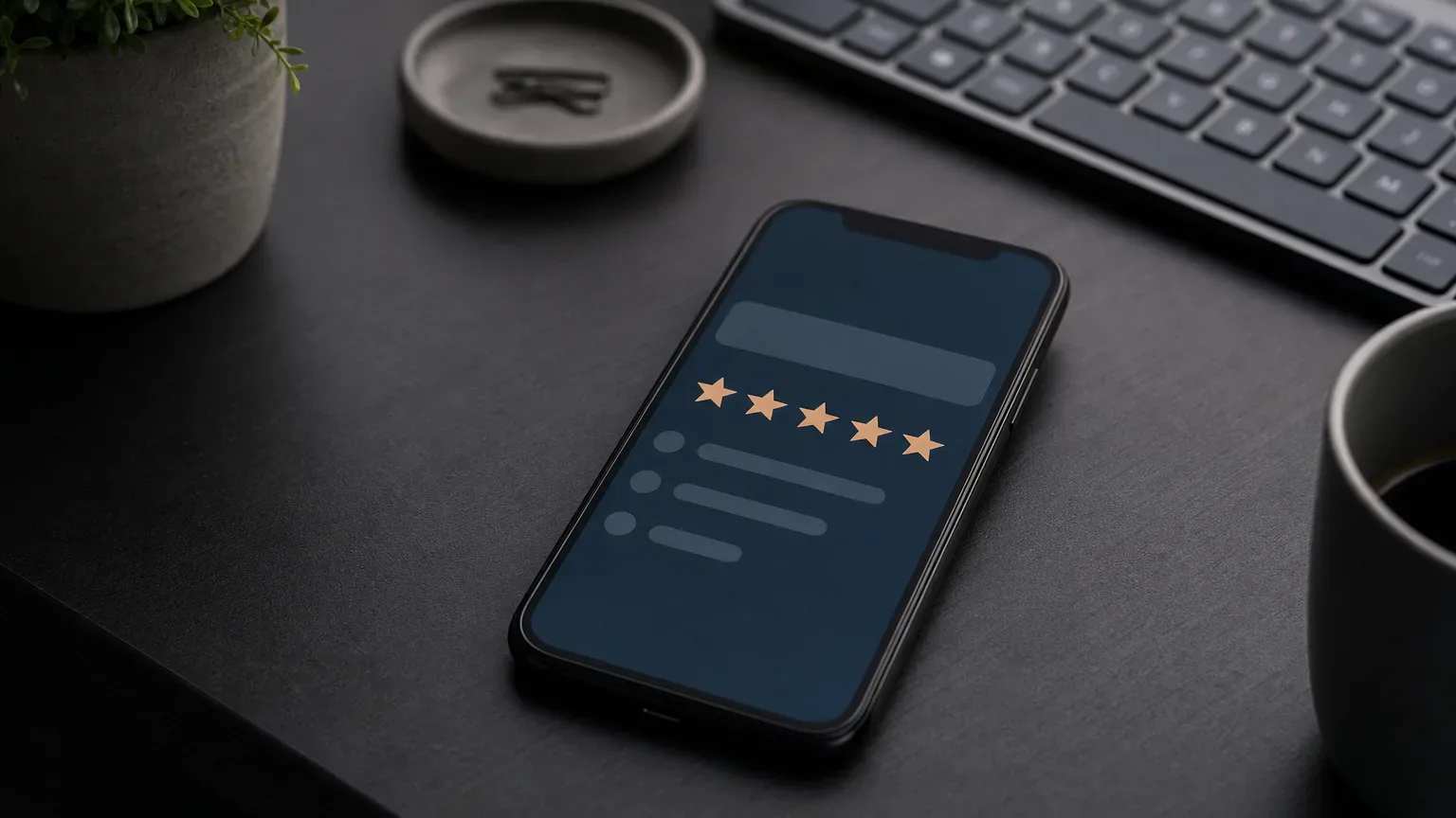 A smartphone lying on a dark desk displays a five-star rating interface, with a keyboard and small potted plant visible nearby