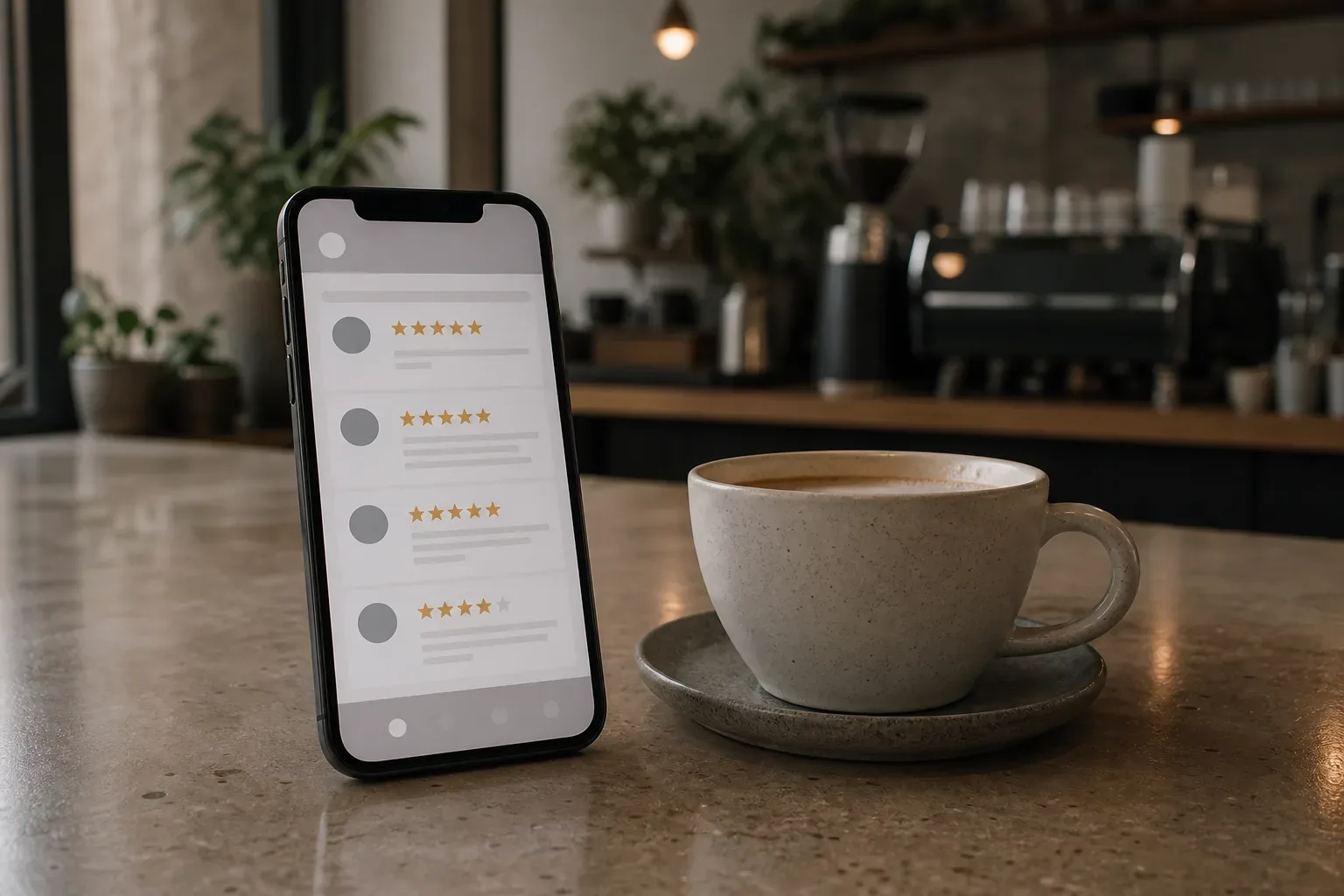 A smartphone displaying a review page with star ratings stands on a café counter beside a stoneware coffee cup, with a coffee bar visible in the background