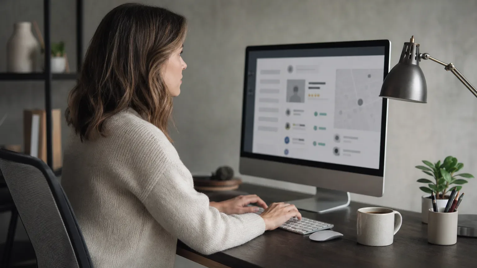 A person in a cream jumper sits at a dark wood desk typing on a keyboard, looking at a desktop monitor displaying an abstract interface, with a mug and pencil holder nearby