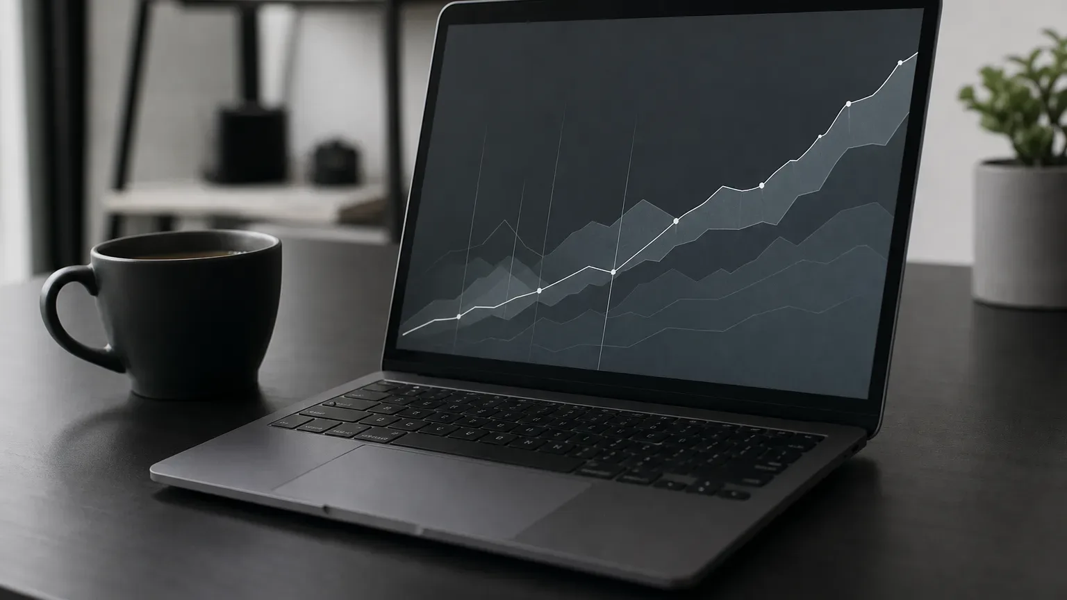 A laptop on a dark desk displays a climbing line chart, with a black coffee cup to its left and a small potted plant to its right