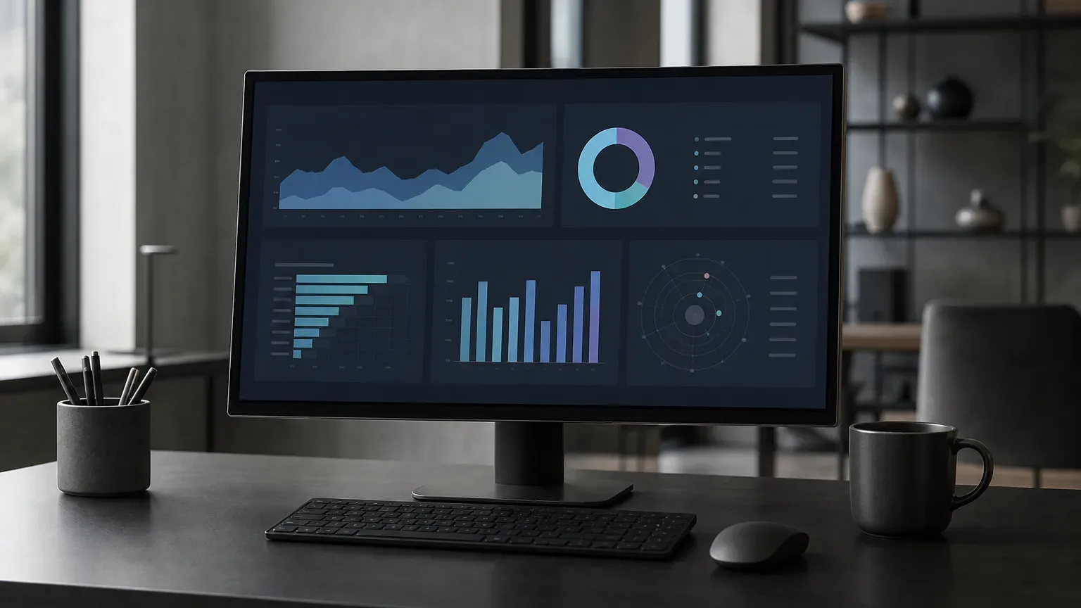 A desktop monitor on a dark desk displays a data analytics dashboard with area charts, bar charts, a doughnut chart and a radial diagram, beside a pencil holder and a coffee mug