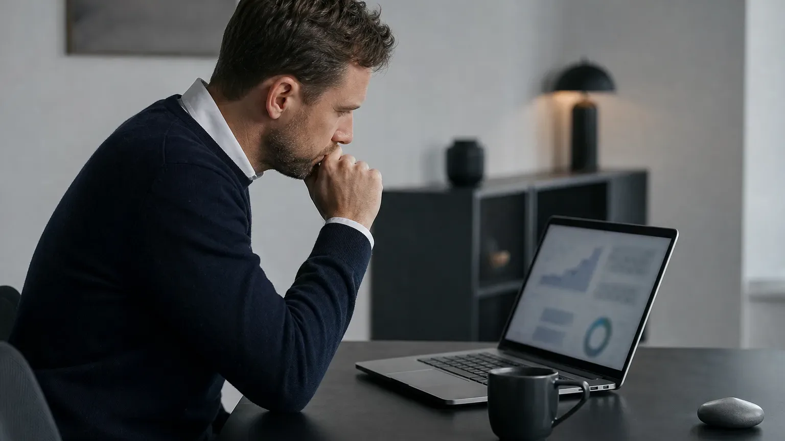 A person sits at a dark desk, leaning forward with a hand raised to their mouth, studying a laptop displaying charts and diagrams