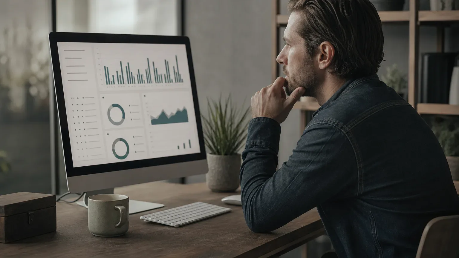 A person sits at a desk studying a monitor displaying charts and data dashboards, with a coffee cup and keyboard nearby